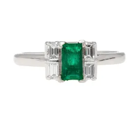 0.98 Carat Baguette Colombian Emerald, Diamond Platinum Thin Ring