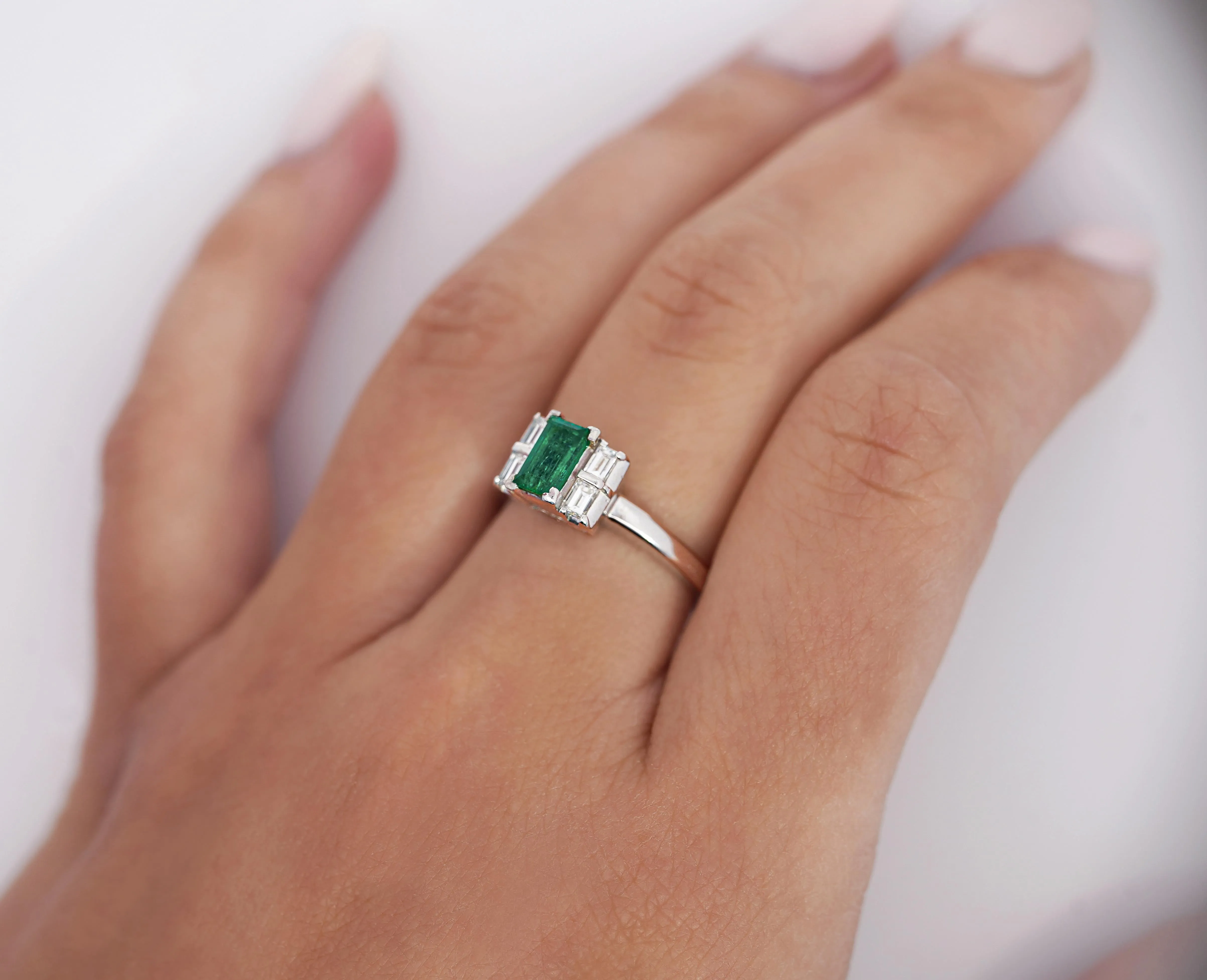 0.98 Carat Baguette Colombian Emerald, Diamond Platinum Thin Ring