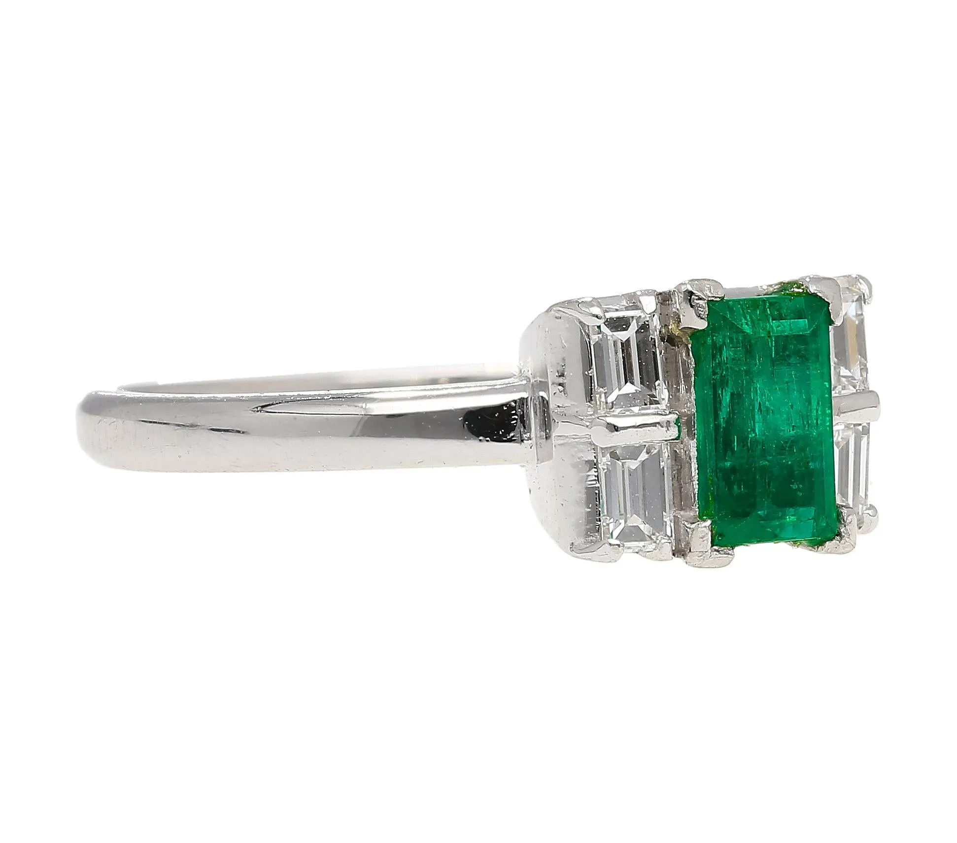 0.98 Carat Baguette Colombian Emerald, Diamond Platinum Thin Ring