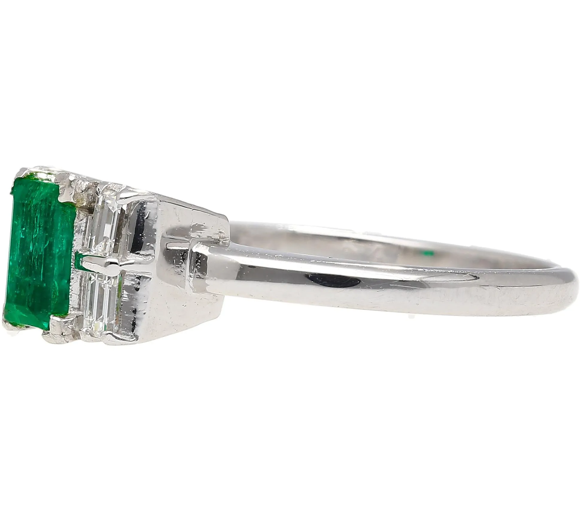 0.98 Carat Baguette Colombian Emerald, Diamond Platinum Thin Ring