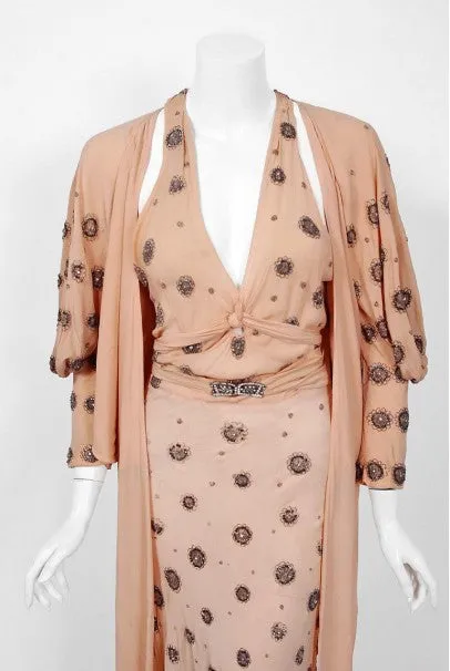 1932 Tallulah Bankhead Movie-Worn Beaded Blush Silk Bias Cut Deco Gown & Jacket