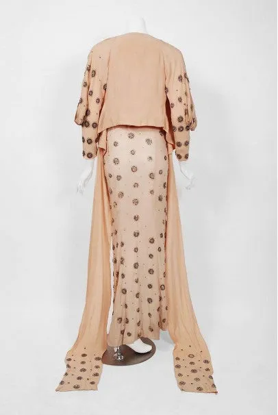 1932 Tallulah Bankhead Movie-Worn Beaded Blush Silk Bias Cut Deco Gown & Jacket