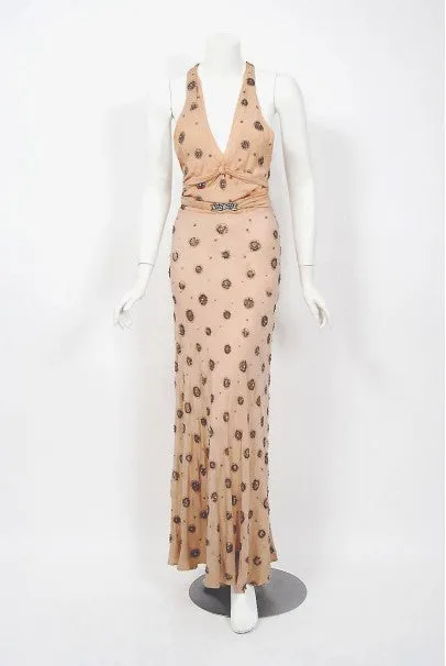 1932 Tallulah Bankhead Movie-Worn Beaded Blush Silk Bias Cut Deco Gown & Jacket