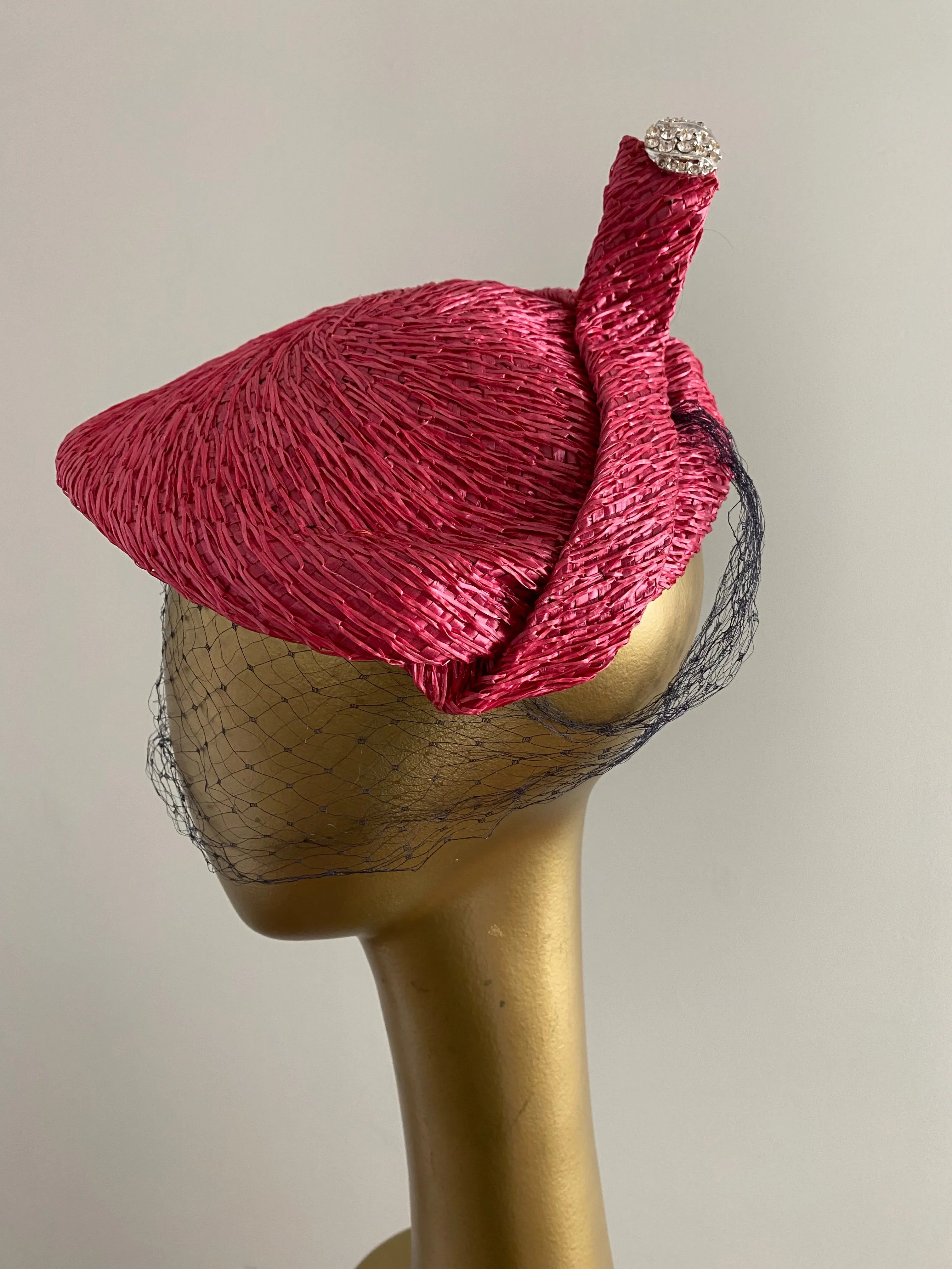 1950's Pink Straw Hat With Navy Blue Veil by Olga & Louise