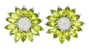 1990's Contemporary Diamond Peridot 18 Karat White Gold Radiating Floral Earrings