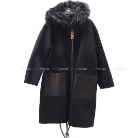 2020 AW FENDI Fur hoodie coat Zucca FF reversible coat #44 Noir (Black)/Brown Wool/Silk/Silver fox FF8581[EXCELLENT][Authentic]