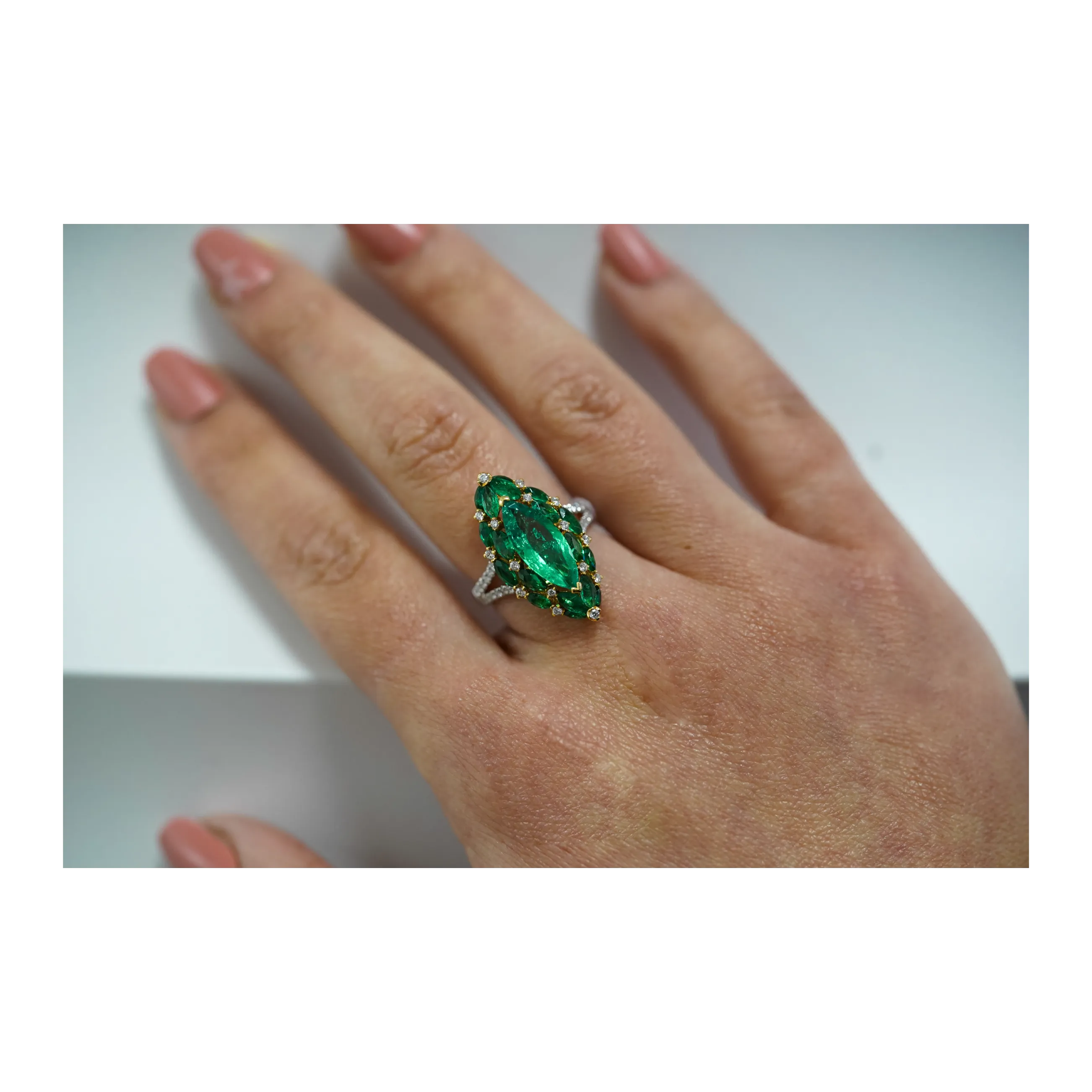 3.89 Carat Marquise Cut Colombian Emerald And Diamond V Shape 18K Ring