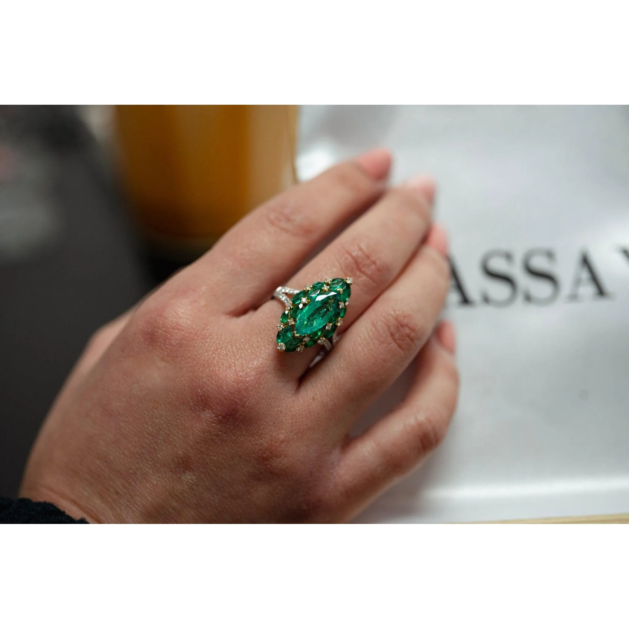 3.89 Carat Marquise Cut Colombian Emerald And Diamond V Shape 18K Ring