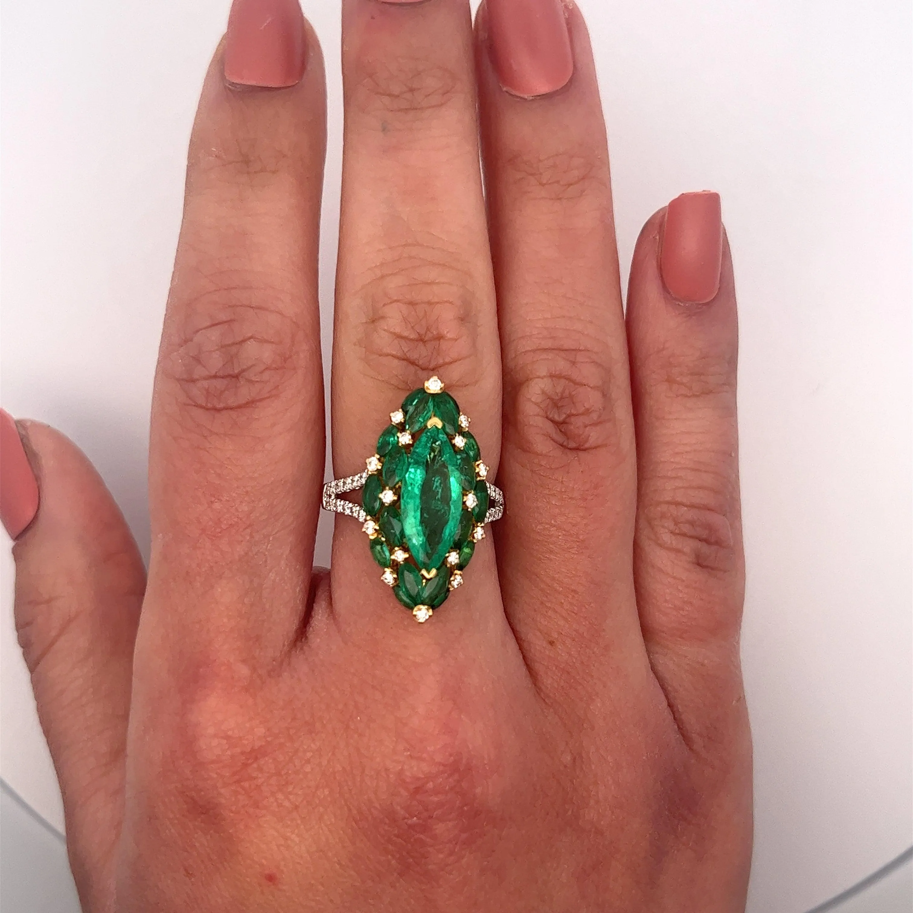 3.89 Carat Marquise Cut Colombian Emerald And Diamond V Shape 18K Ring