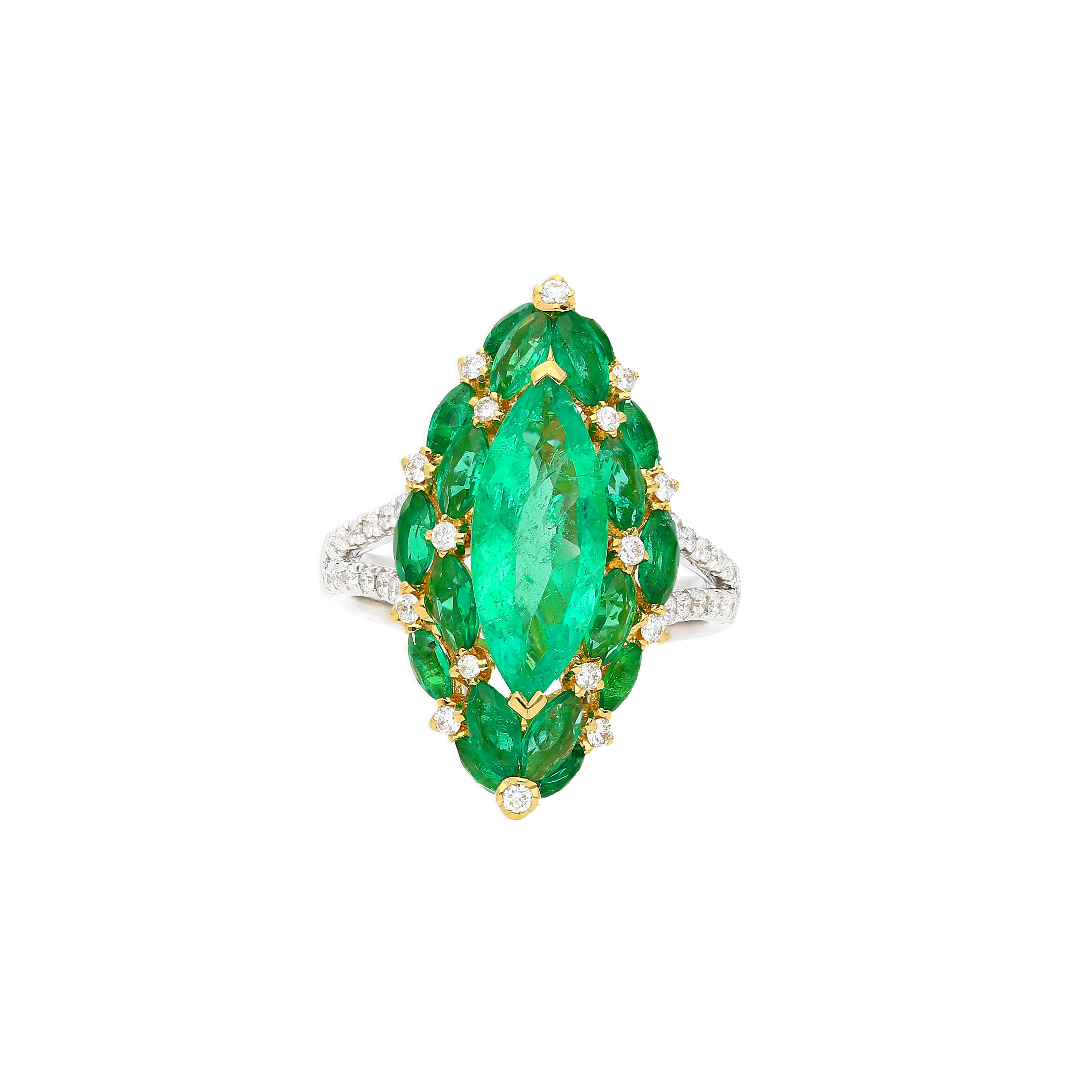 3.89 Carat Marquise Cut Colombian Emerald And Diamond V Shape 18K Ring