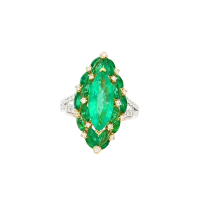 3.89 Carat Marquise Cut Colombian Emerald And Diamond V Shape 18K Ring