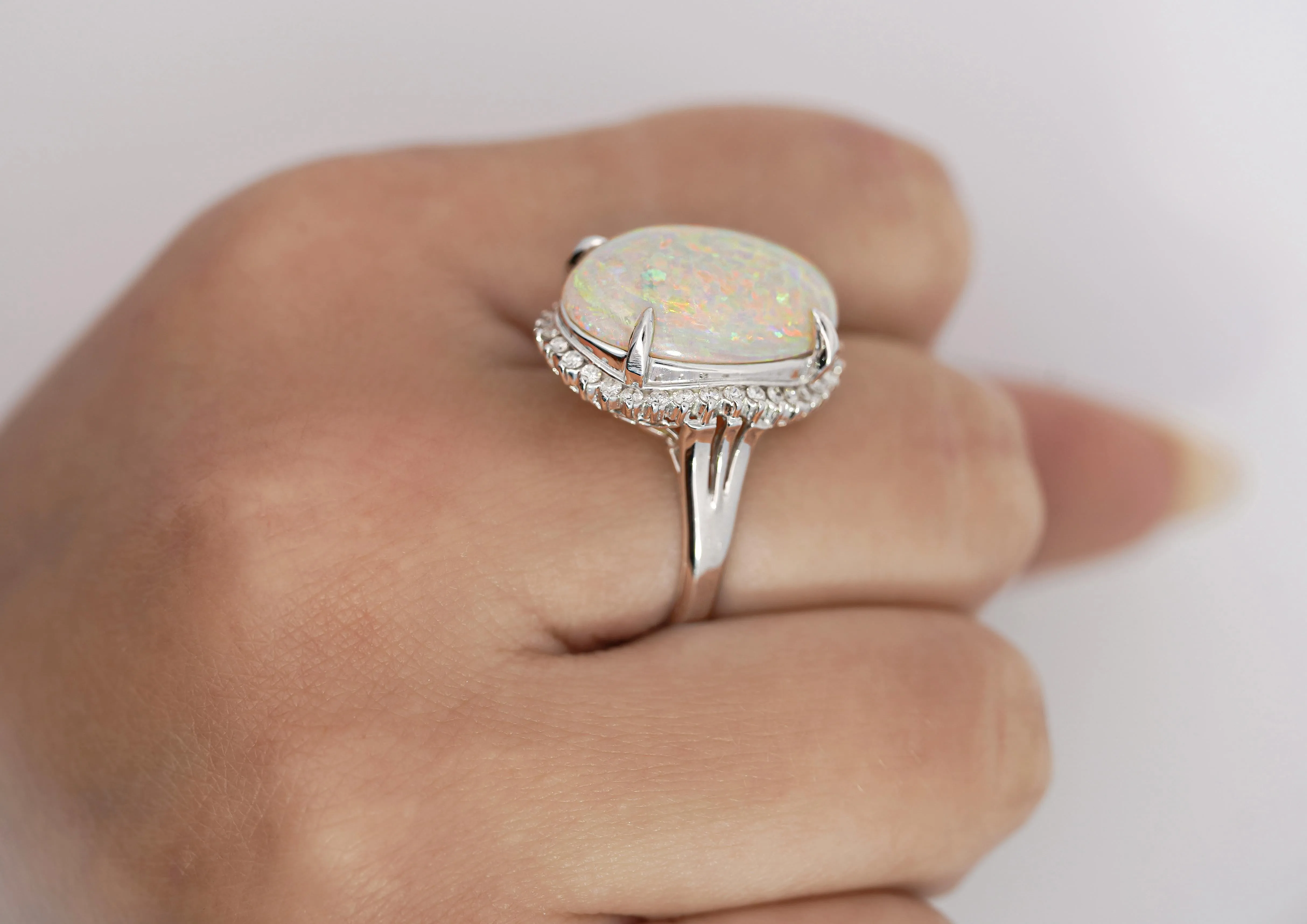 7.86 Carat Natural White Opal and Diamond Halo Platinum Ring