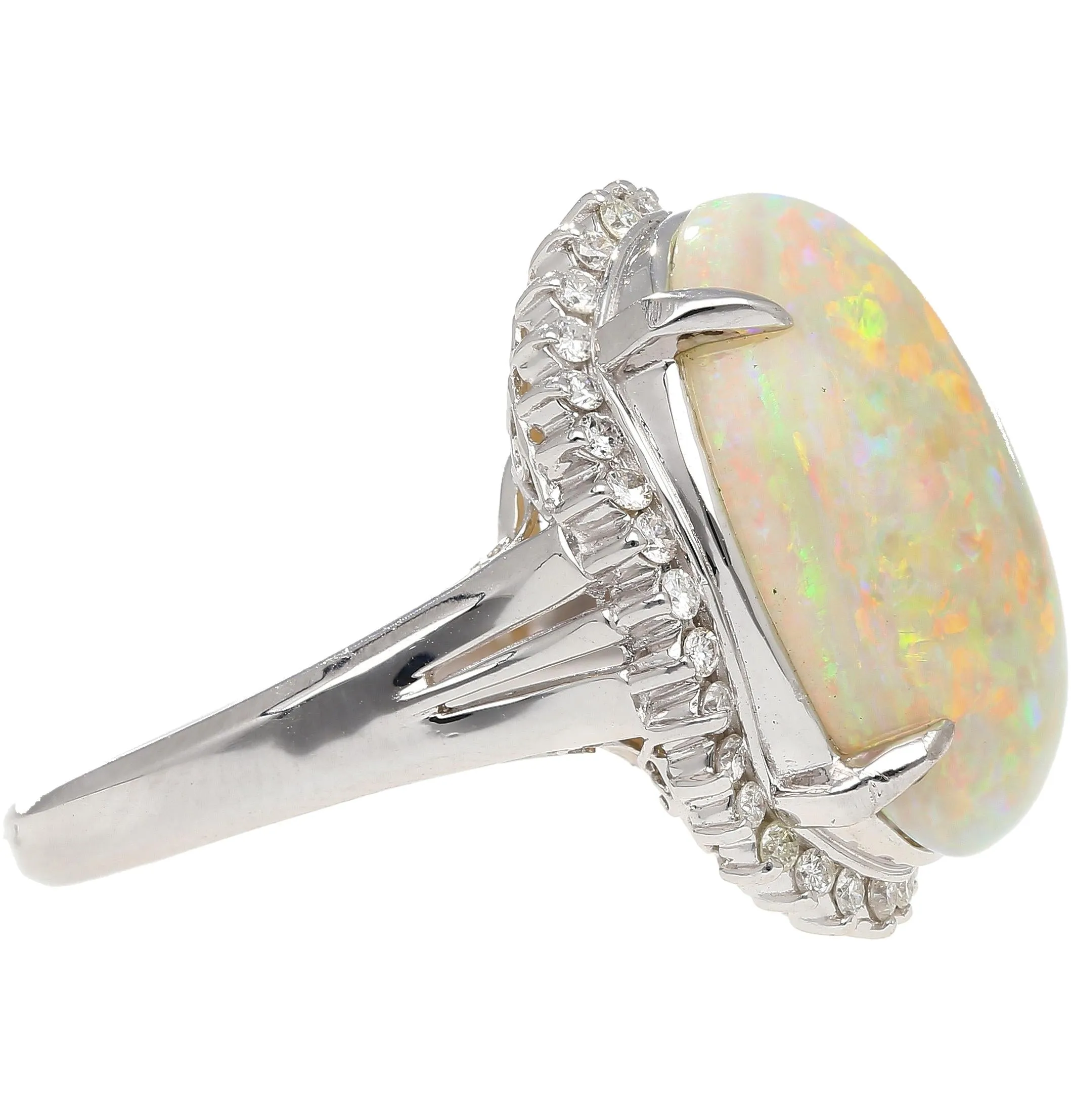 7.86 Carat Natural White Opal and Diamond Halo Platinum Ring