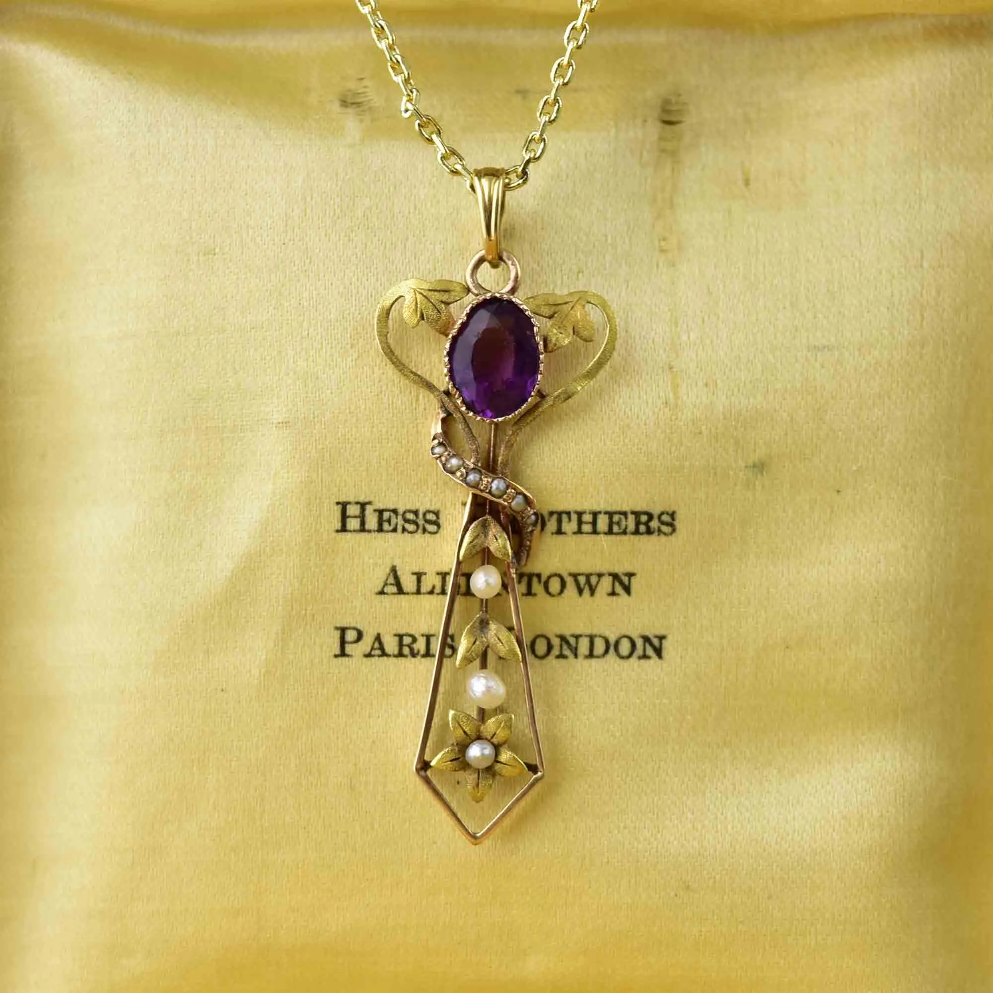 Antique Art Nouveau Gold Amethyst Pearl Cross Lavaliere Necklace