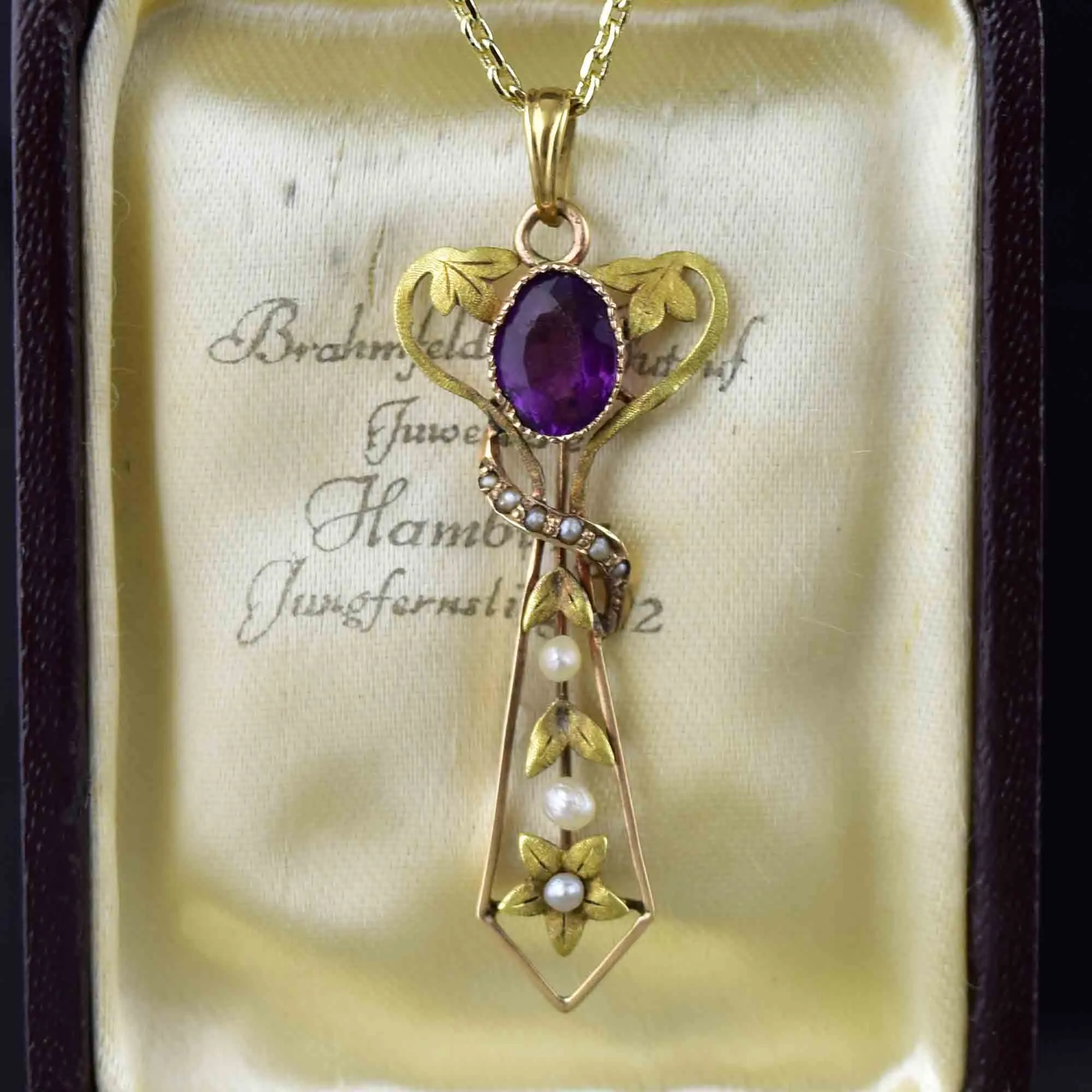 Antique Art Nouveau Gold Amethyst Pearl Cross Lavaliere Necklace