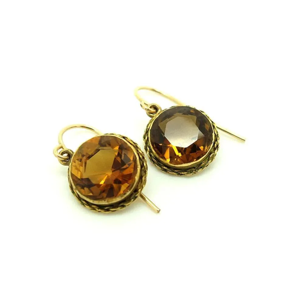 Antique Victorian Citrine Gemstone Gold Drop Earrings