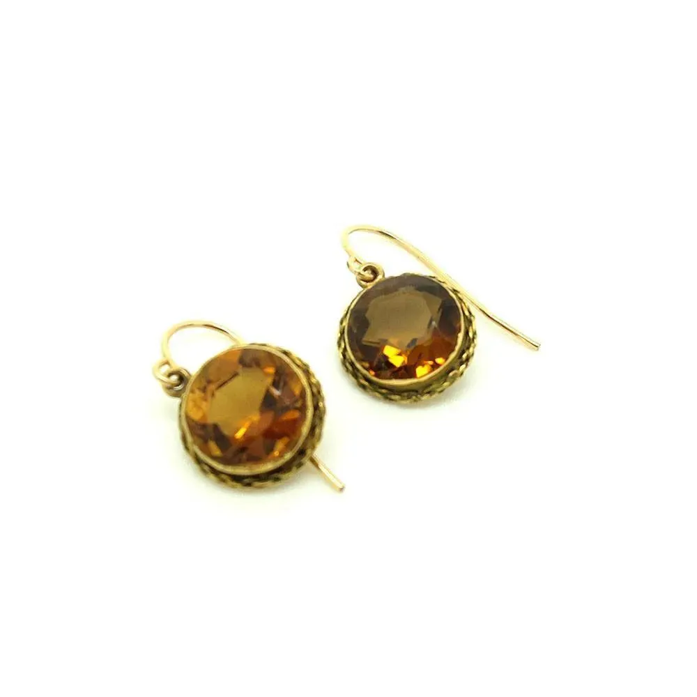 Antique Victorian Citrine Gemstone Gold Drop Earrings