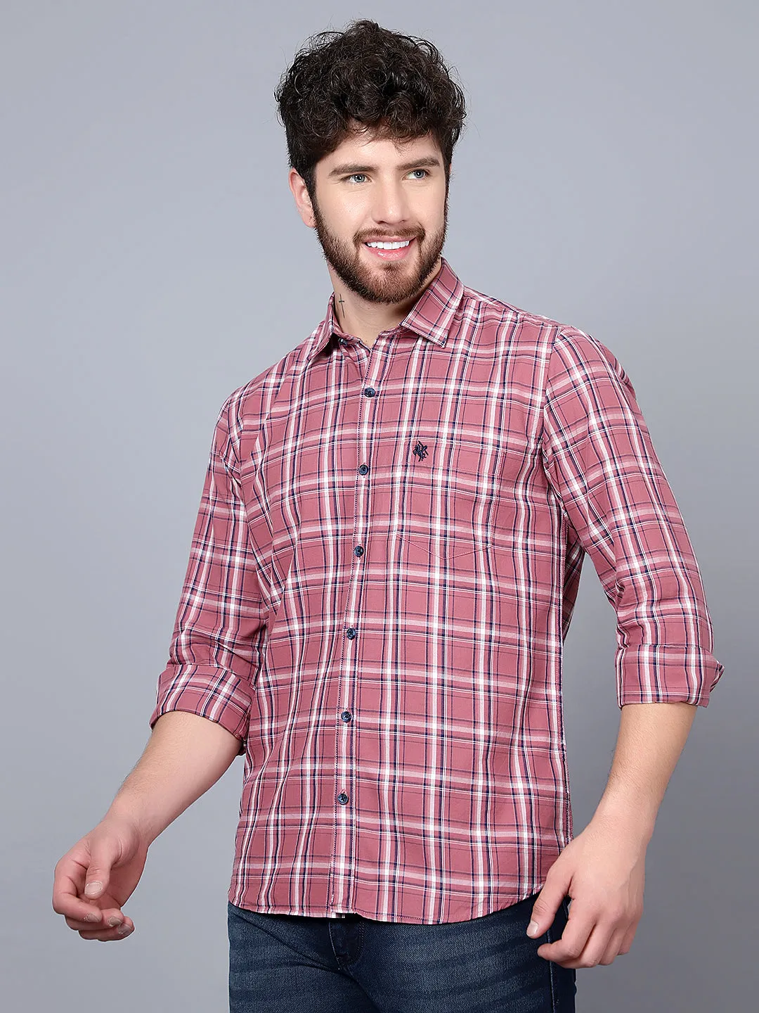 Cantabil Cotton Checkered Mauve Full Sleeve Casual Shirt for Men with Pocket