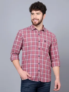 Cantabil Cotton Checkered Mauve Full Sleeve Casual Shirt for Men with Pocket