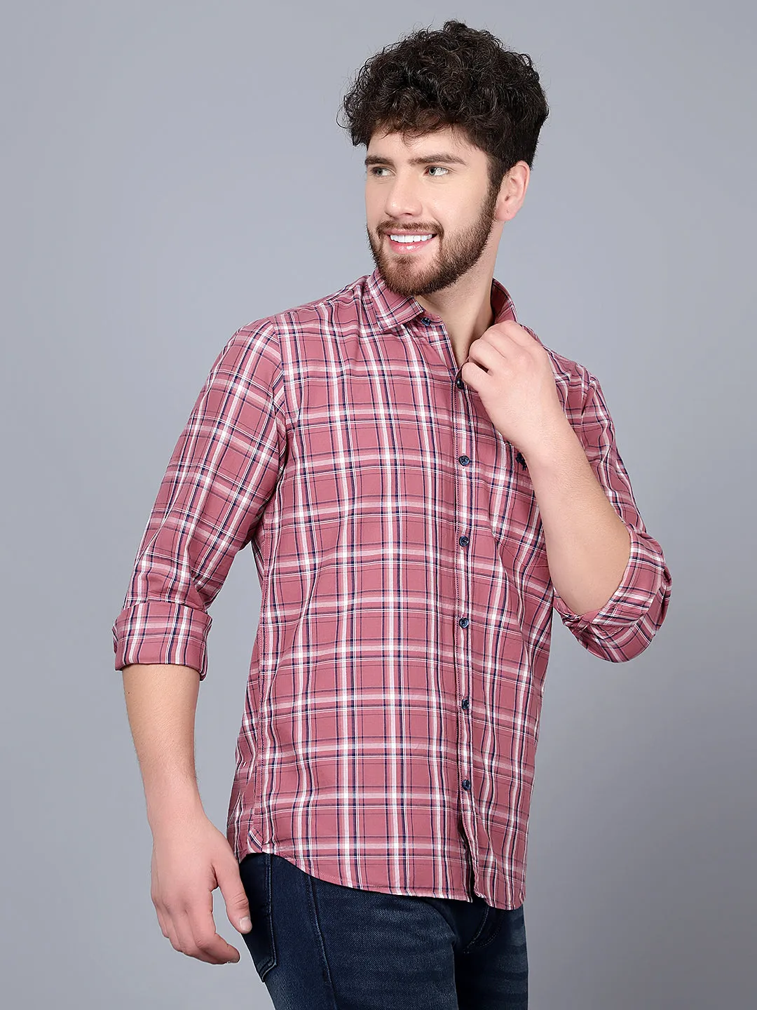 Cantabil Cotton Checkered Mauve Full Sleeve Casual Shirt for Men with Pocket