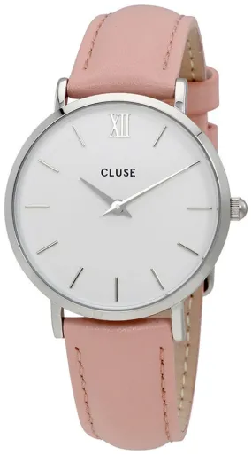 Cluse Minuit Pink Leather Strap White Dial Quartz Womens Watch CL30005