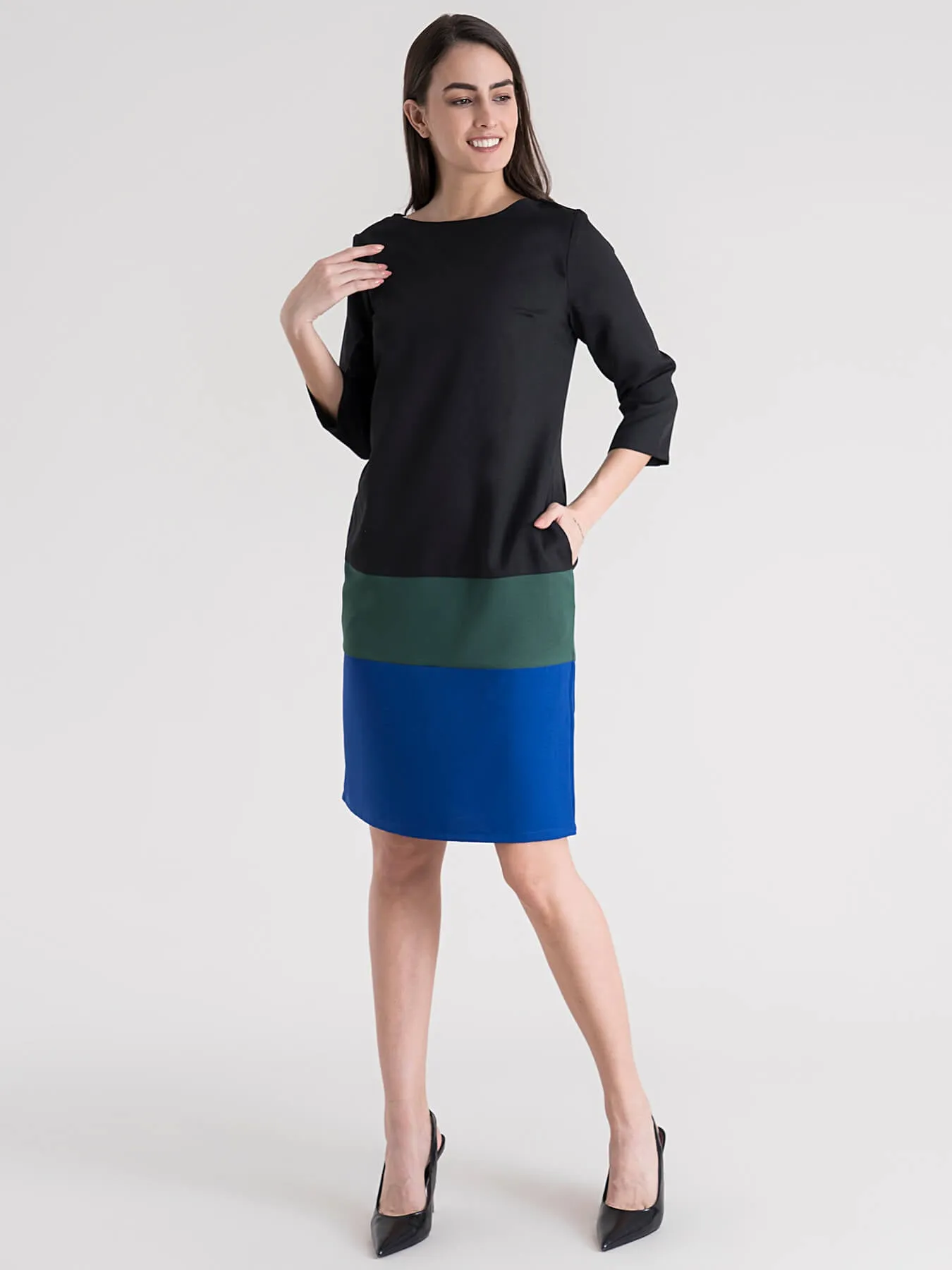 Colour Block Shift Dress - Blue, Black, and Green