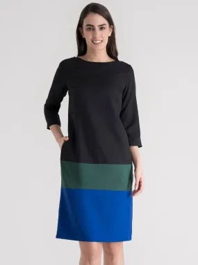 Colour Block Shift Dress - Blue, Black, and Green