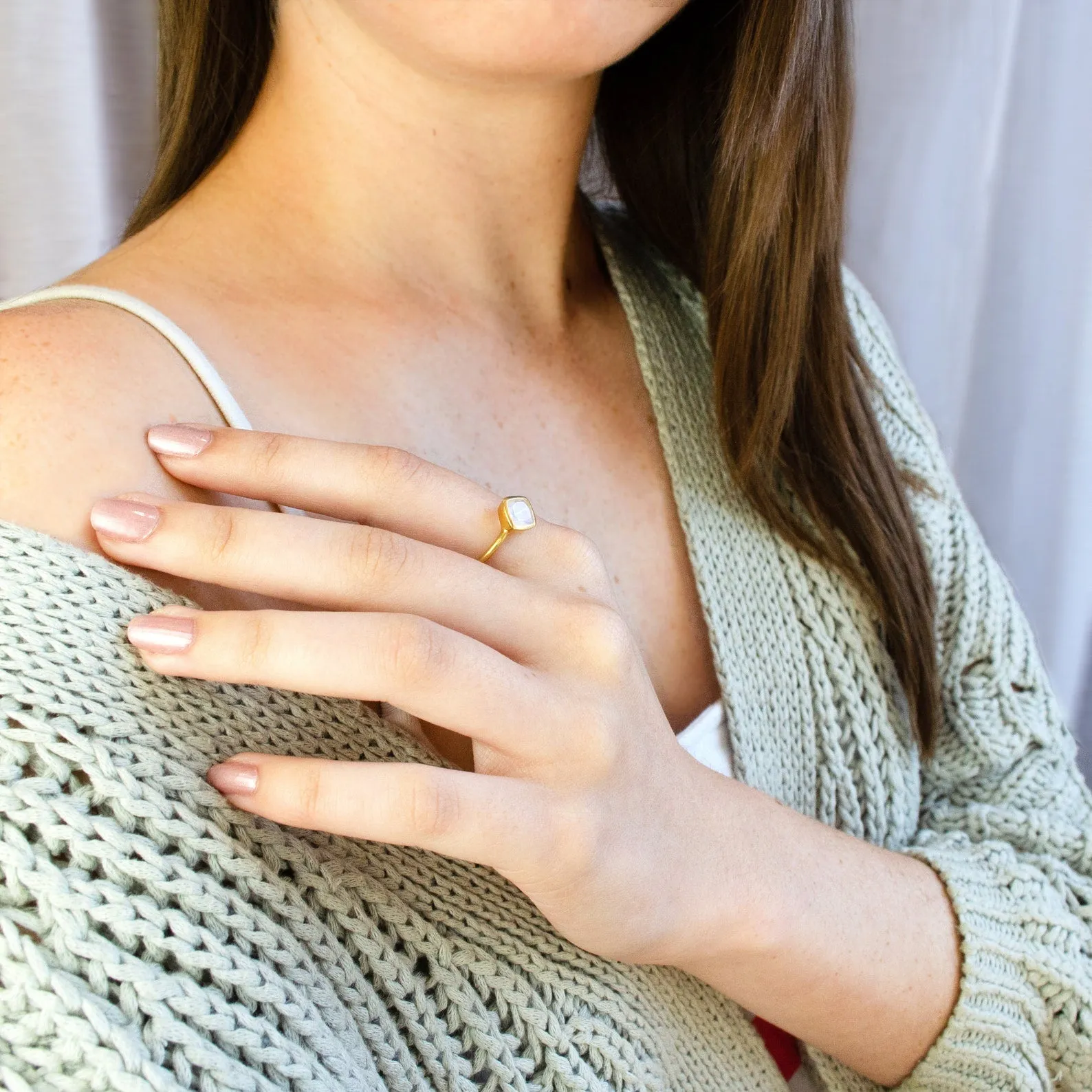 Diamond Shape Aqua Chalcedony Stacking Ring • March Birthstone