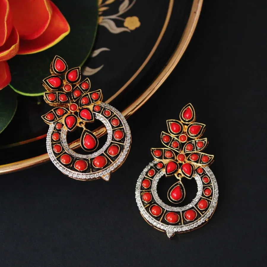 Earrings with Coral, Enamel and Zircons