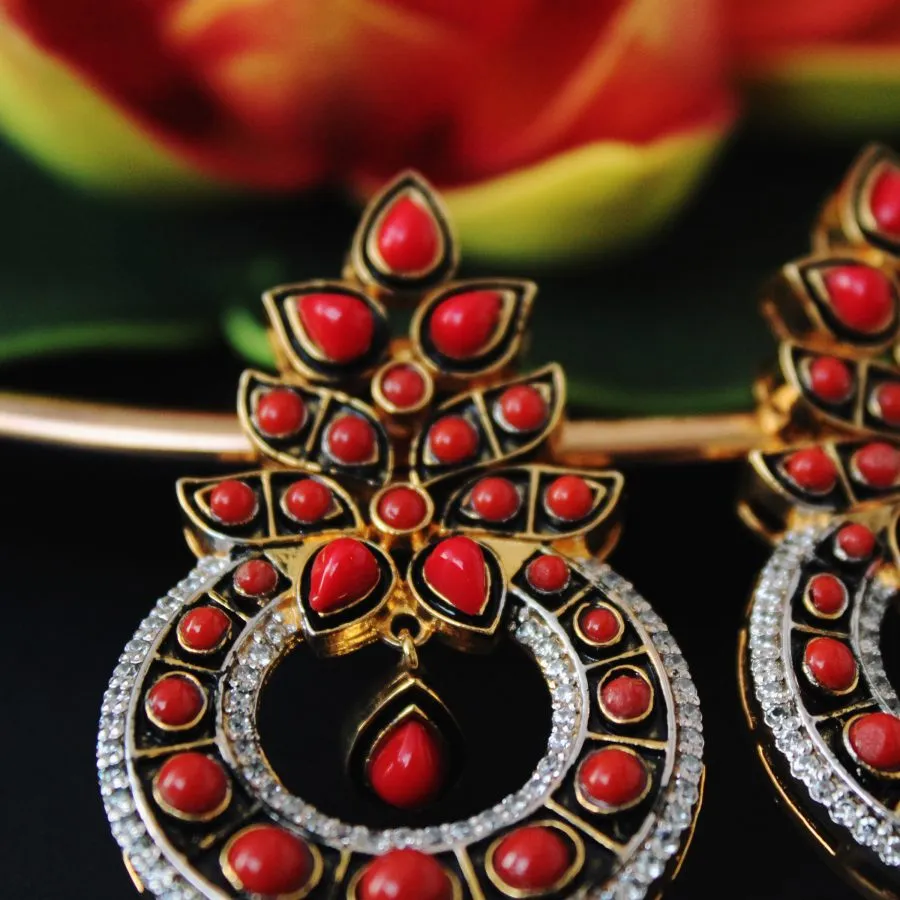 Earrings with Coral, Enamel and Zircons