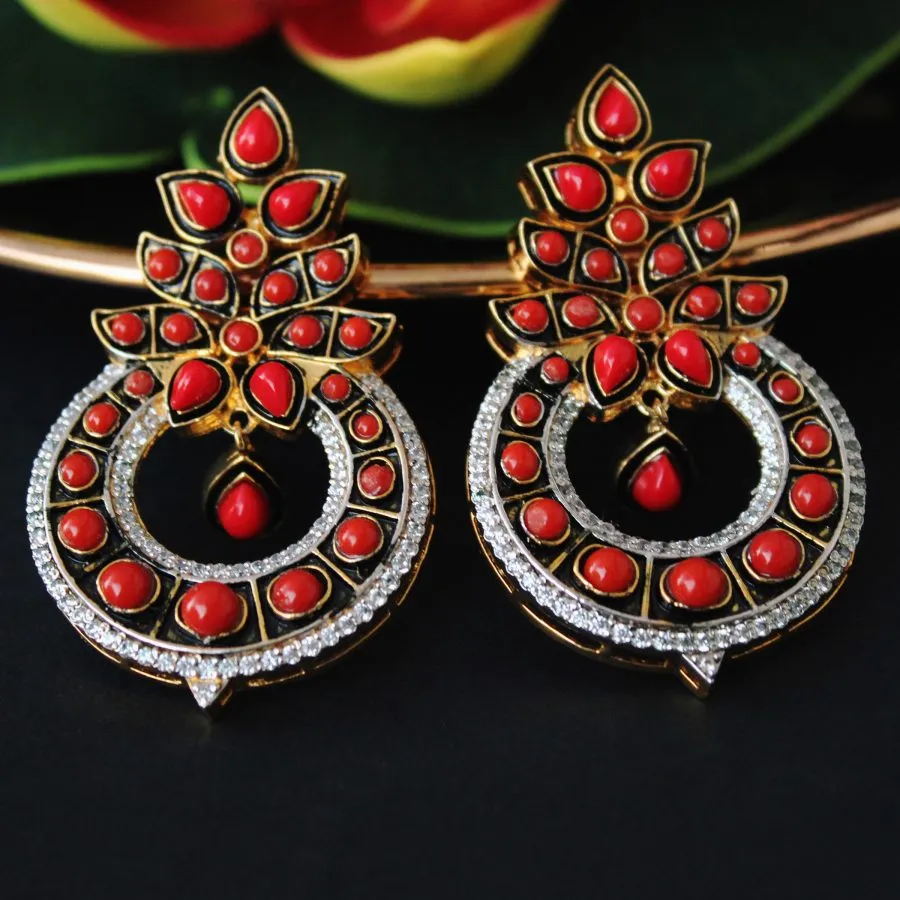 Earrings with Coral, Enamel and Zircons