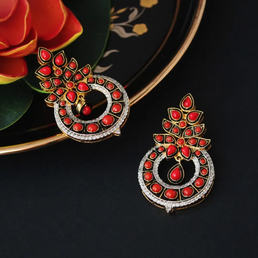 Earrings with Coral, Enamel and Zircons