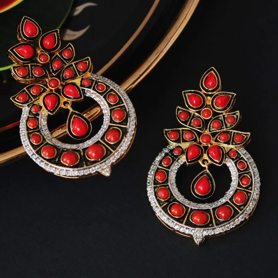 Earrings with Coral, Enamel and Zircons