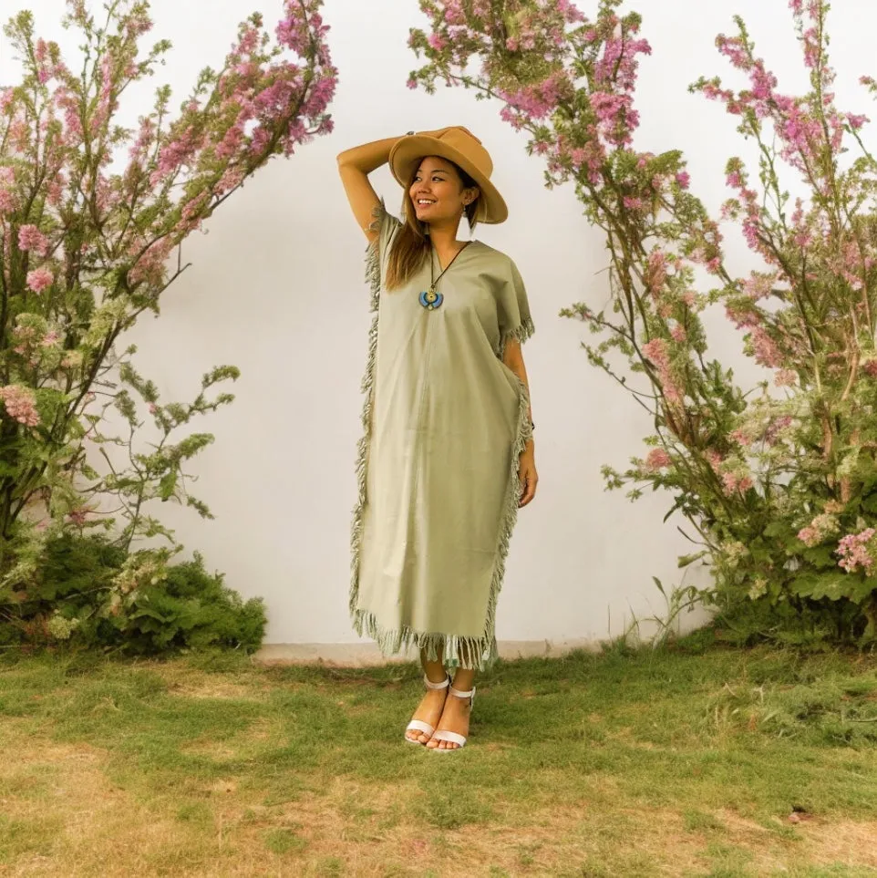 Earth Green Cotton Maxi Kaftan Dress