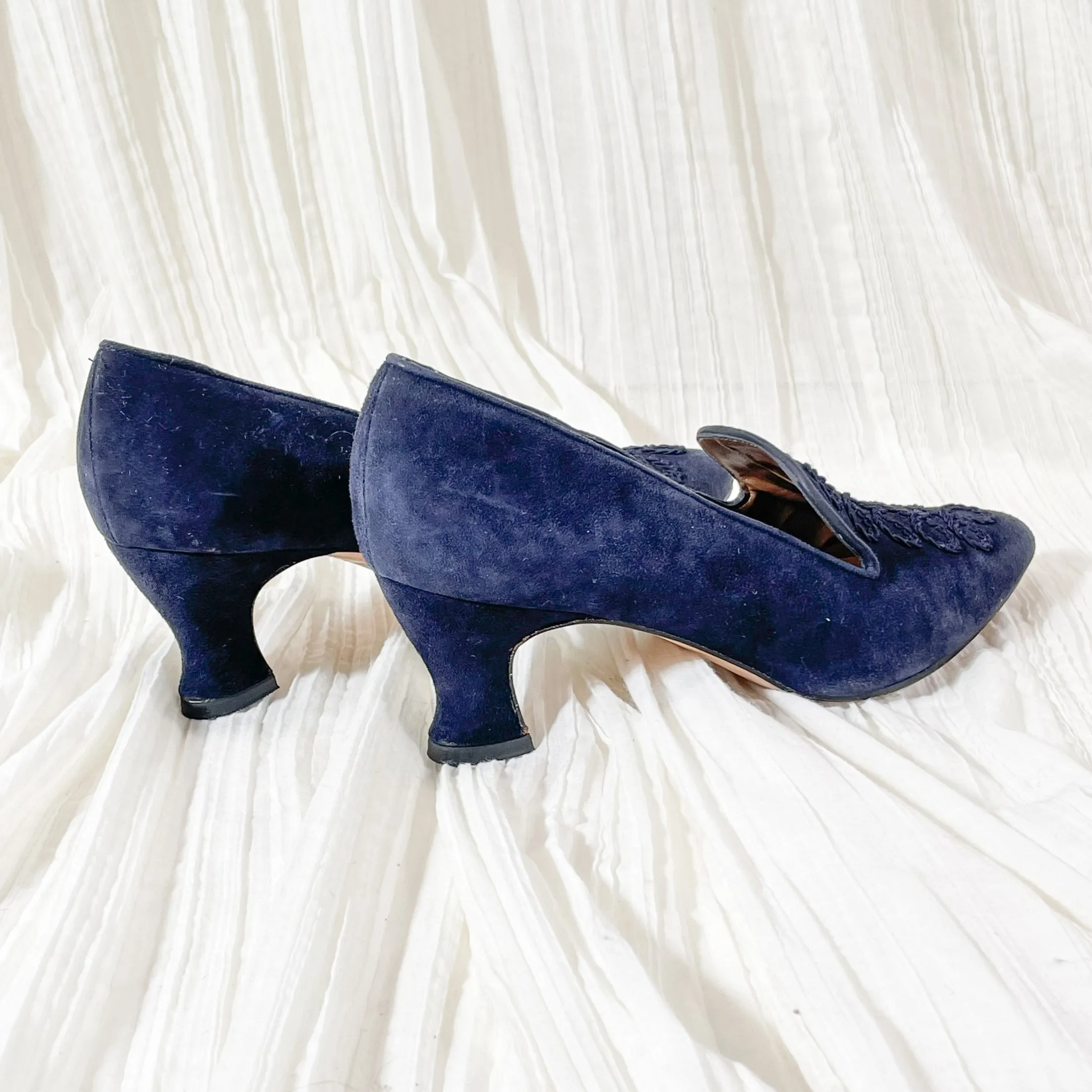 Evan Picone Navy Blue Suede Shoes, Cord Trim Louis Heel SZ 8.5