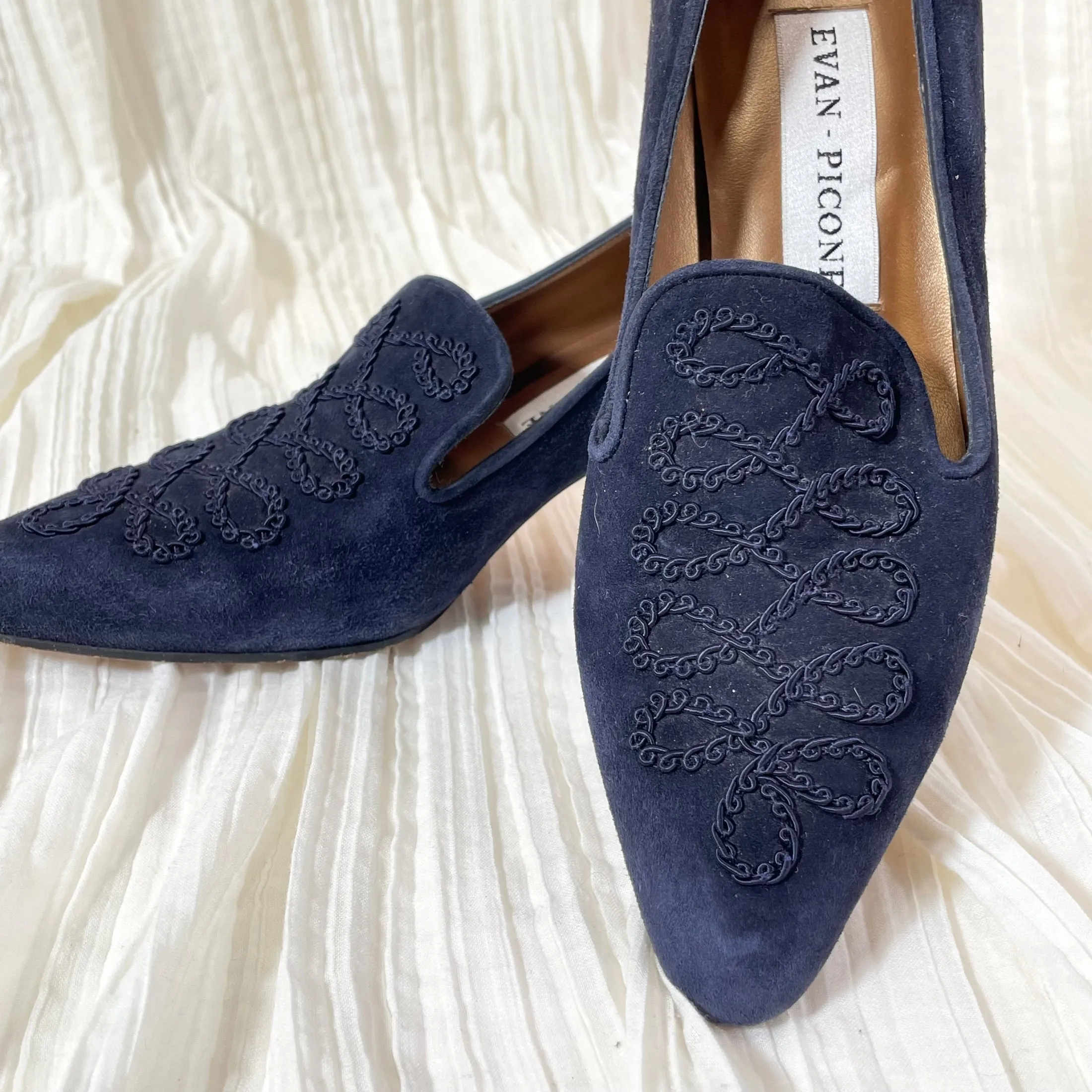 Evan Picone Navy Blue Suede Shoes, Cord Trim Louis Heel SZ 8.5