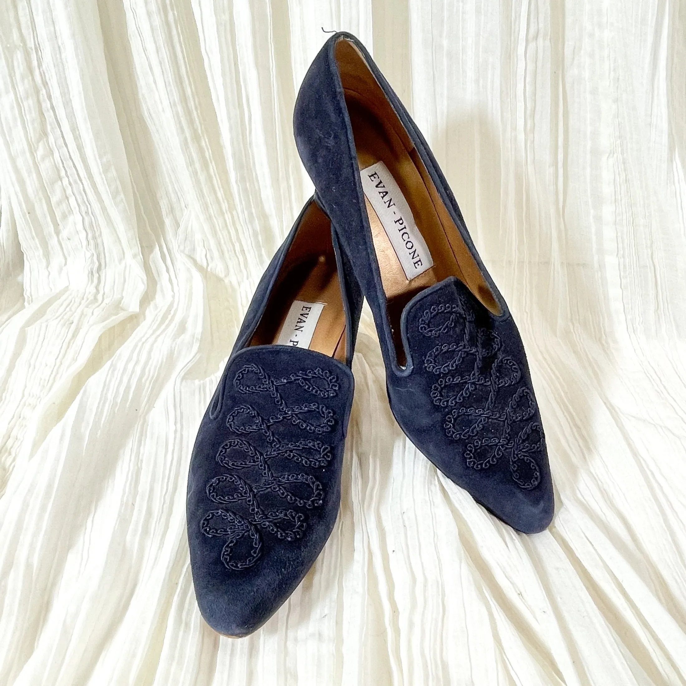 Evan Picone Navy Blue Suede Shoes, Cord Trim Louis Heel SZ 8.5