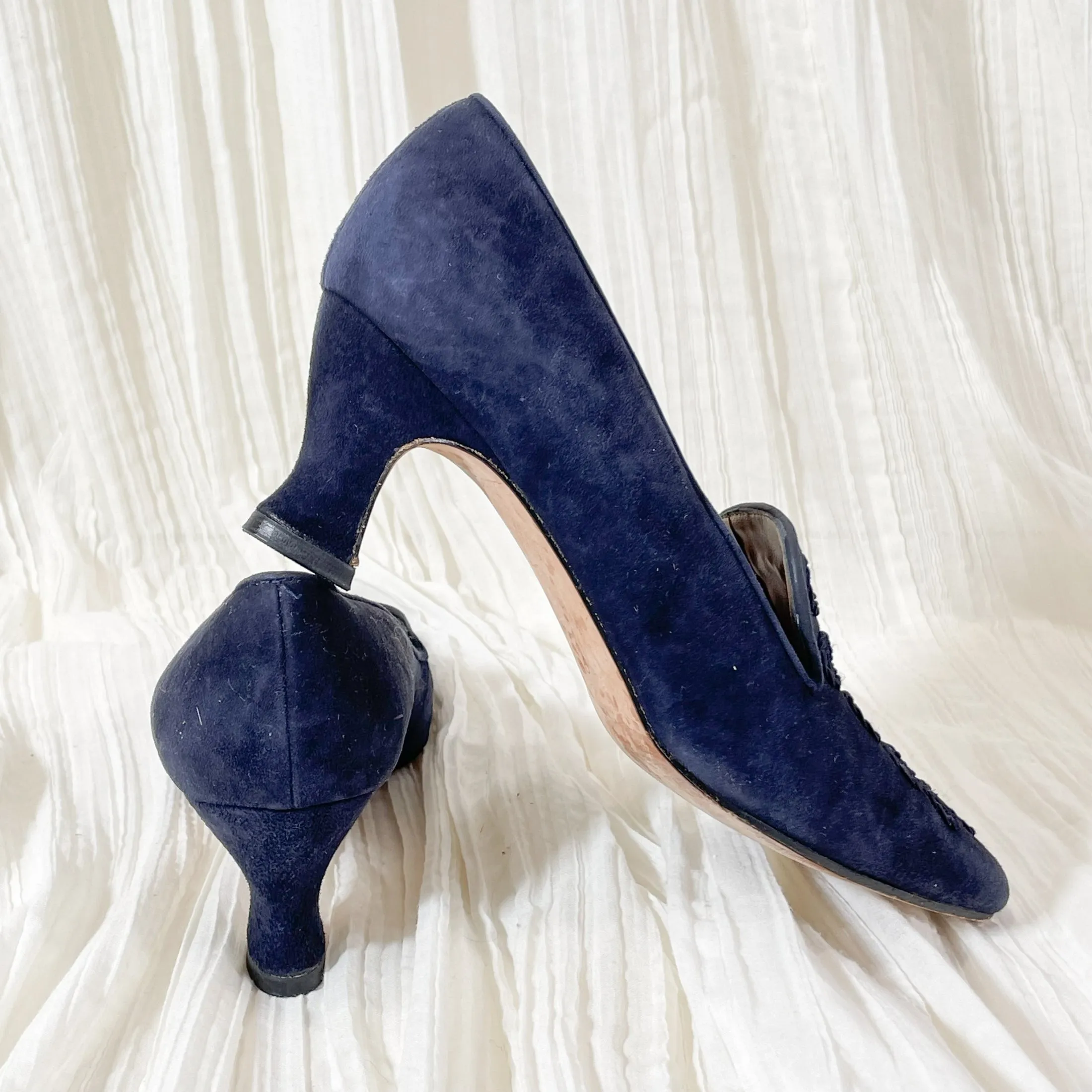 Evan Picone Navy Blue Suede Shoes, Cord Trim Louis Heel SZ 8.5