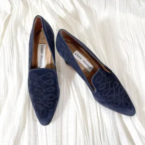 Evan Picone Navy Blue Suede Shoes, Cord Trim Louis Heel SZ 8.5