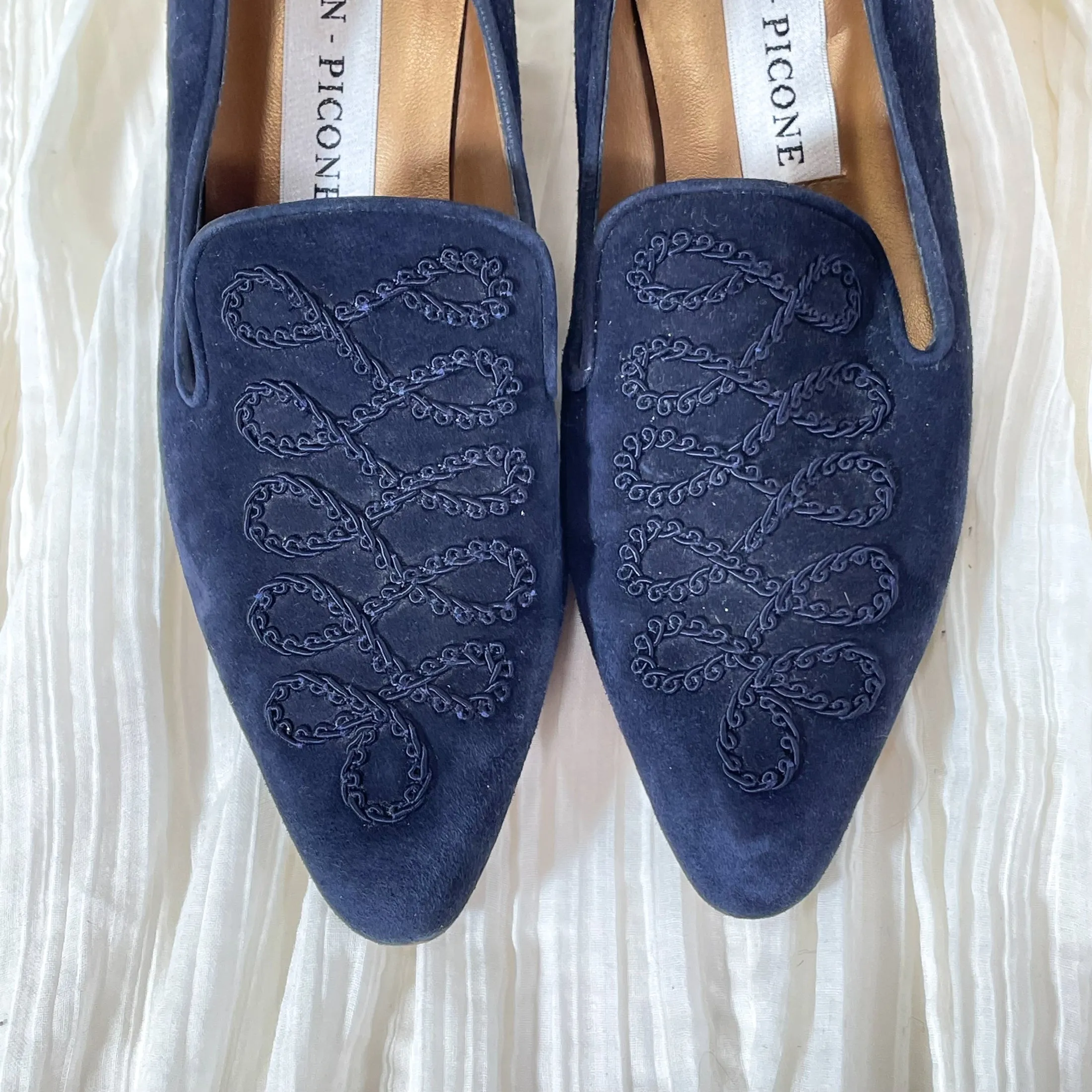 Evan Picone Navy Blue Suede Shoes, Cord Trim Louis Heel SZ 8.5