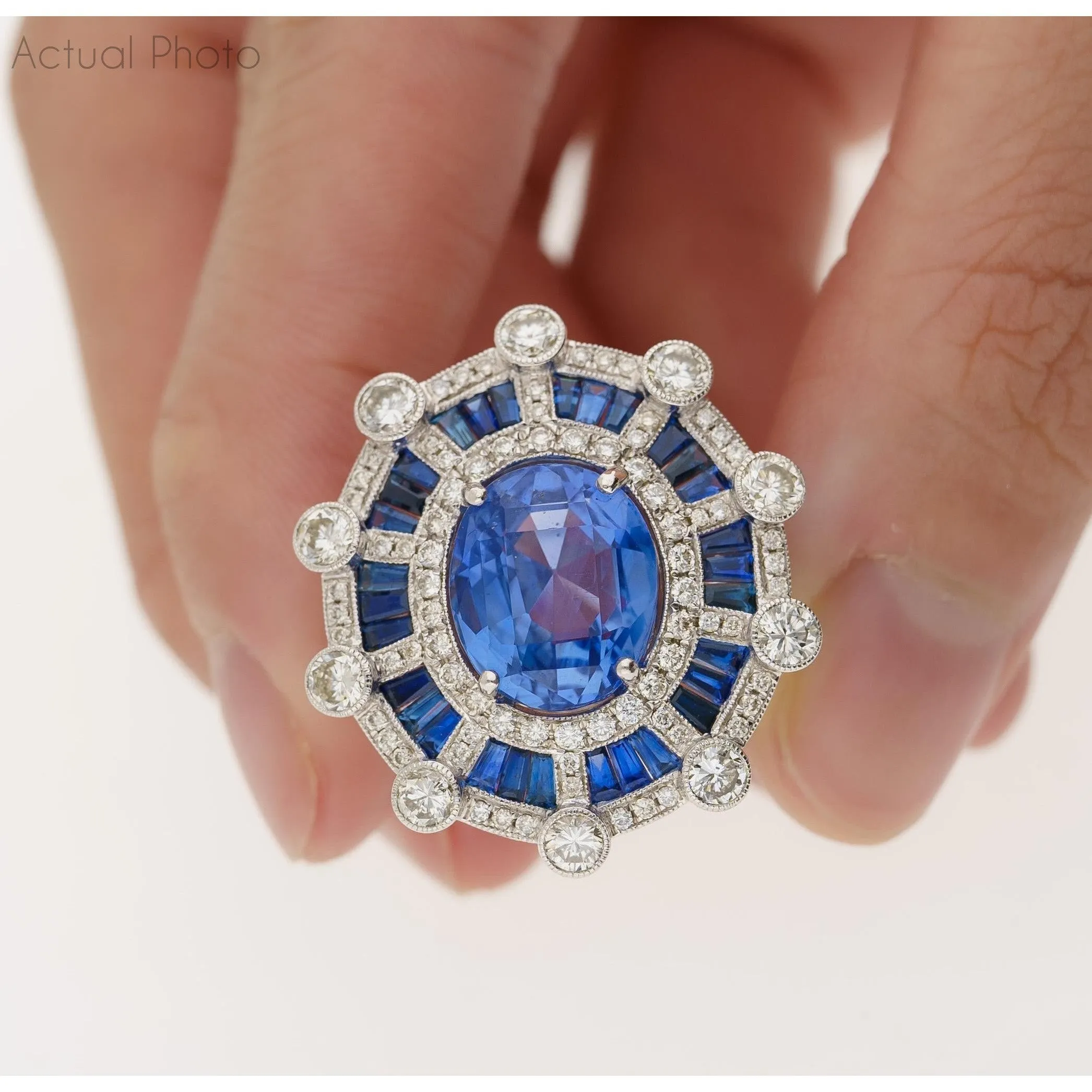 GIA Certified 8.46 Carat No Heat Blue Sapphire & Diamond Art Deco Style Ring