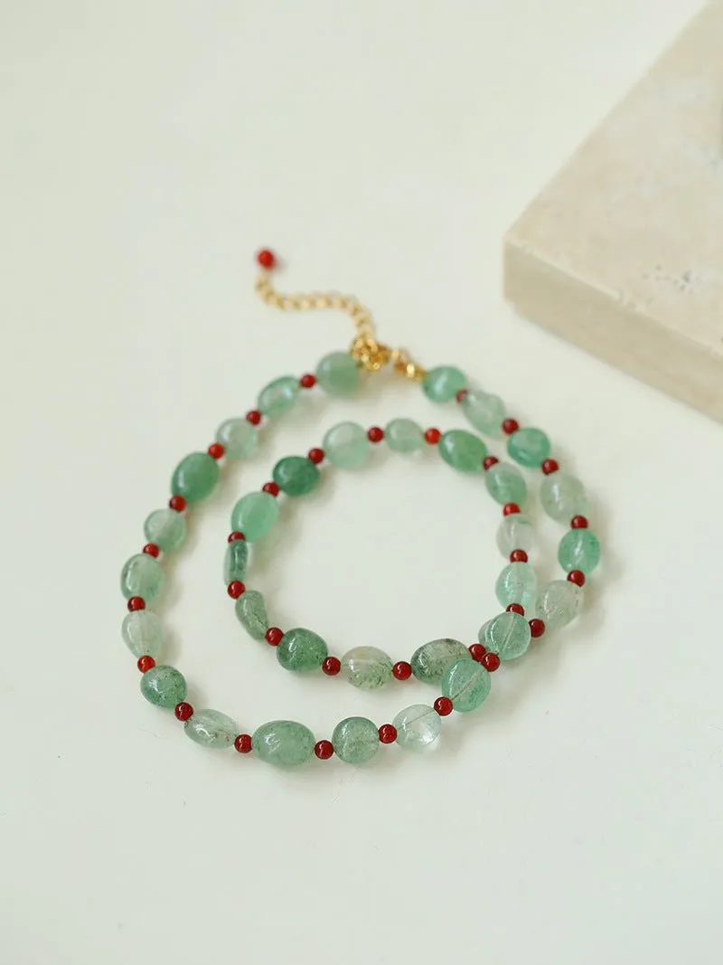 Green Strawberry Quartz and Red Onyx Beaded Necklace