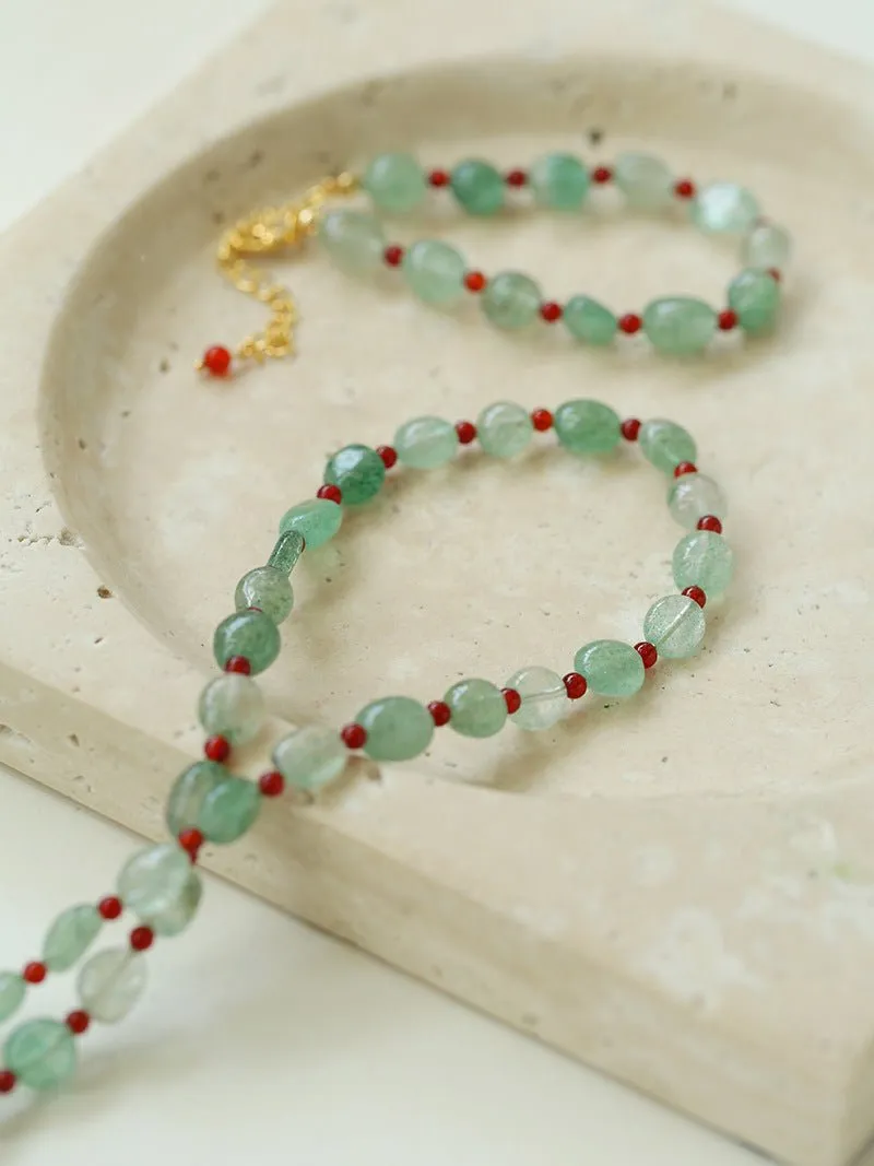 Green Strawberry Quartz and Red Onyx Beaded Necklace