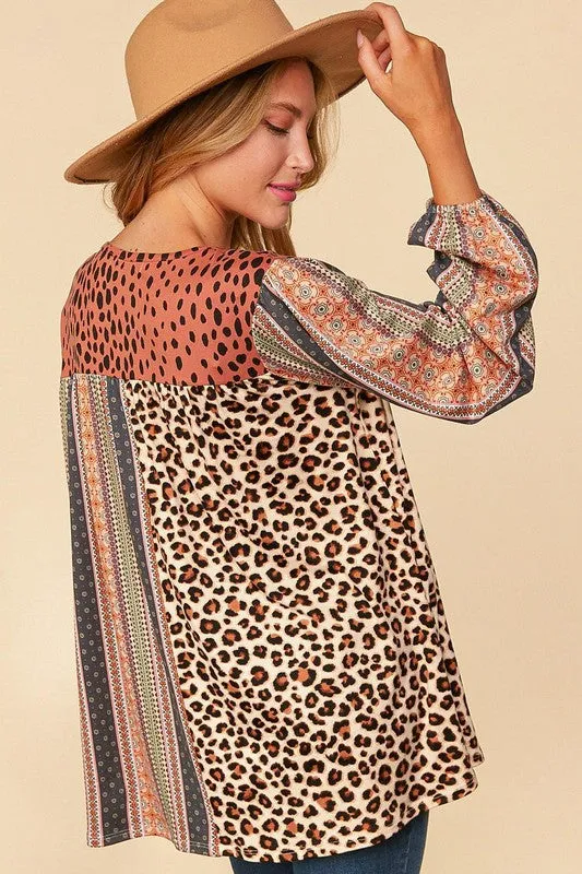 Haptics  V-Neck Boho Animal Print Bubble Sleeve Top