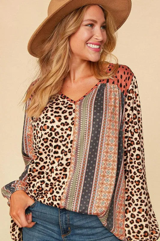 Haptics  V-Neck Boho Animal Print Bubble Sleeve Top