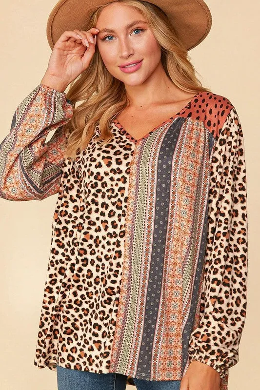 Haptics  V-Neck Boho Animal Print Bubble Sleeve Top