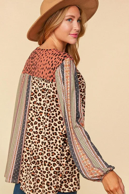 Haptics  V-Neck Boho Animal Print Bubble Sleeve Top