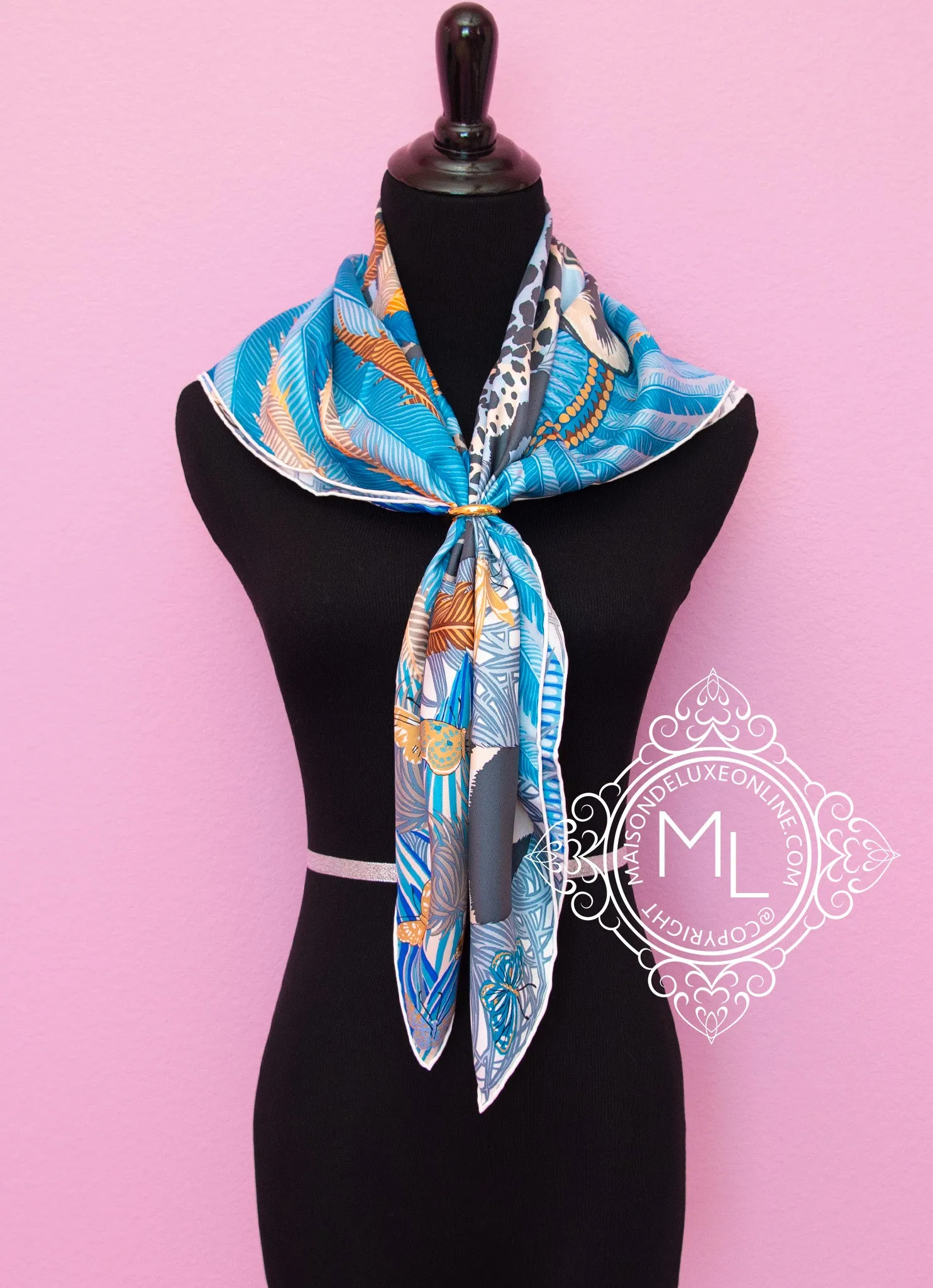 Hermes Blue Twill Silk 90 cm Jaguar Quetzal Scarf