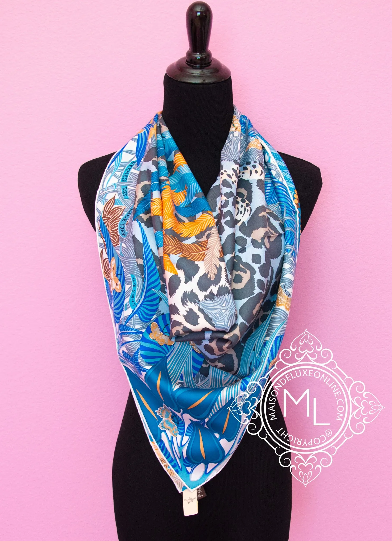 Hermes Blue Twill Silk 90 cm Jaguar Quetzal Scarf