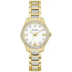 LADIES GOLD TONE BULOVA WATCH WITH MOTHER OF PEARL DIAL AND CRYSTAL BEZEL